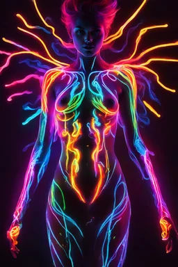 Body paiting neons glowing light in the dark and colorful details