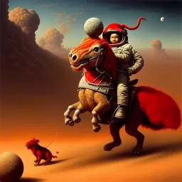 1yo little boy is on safari on the moon. riding on the red dinosaur. he has big and a funny hat. High detailed. Cinematic. oil on canvas painting. Warm lights. beksinski