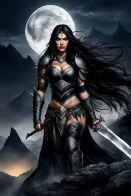 A BEAUTIFUL GIRL, BLACK LONG HAIRED, BIG BUB, NICE BODY, DRESSED A BLACK ARMOUR, WARRIOR AND AMAZON WOMAN, STAY ON TOP OF MPOUNTAIN, MOONSHINE AND FAIRY TURN AROUND HER, DARK NIGHT BACKGROUND,