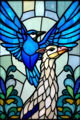 vitrail d'un geai bleu ailes déployées et d'un lama art déco d'après mucha