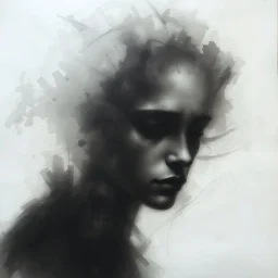 A hauntingly beautiful abstract portrait of a human face emerging from soft charcoal strokes. The figure is partially obscured with blurred, smudged textures, creating an ethereal and ghostly effect. The face conveys subtle sadness and mystery, with deep shadows and faint highlights giving it a timeless ...