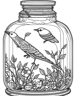 bird life in jar minimalistic, line art, background, vector, svg, coloring book page style, black outline on white background