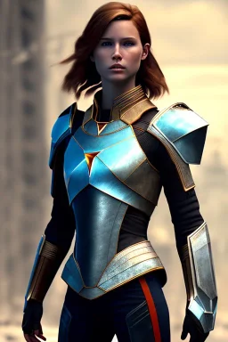 ultrarealistic, ruined city,__skimpy N7 armor__, no star, __angles__, 18 year old woman, strikingly beautiful,ginger hair, _colour_, [__starlets__|__starlets__], (pale __skincolor__ skin:1.2), __camera__, _hair_, detailed face and eyes, medium breasts, sci-fi theme, freckles, dynamic pose, resolved expression, __accessory__, strappy outfit, (straps:1.1), sword in scabbard on left hip, (buckles, buttons, snaps, rings:1.0), haltertop style breastplate, detailed eyes, plump lips