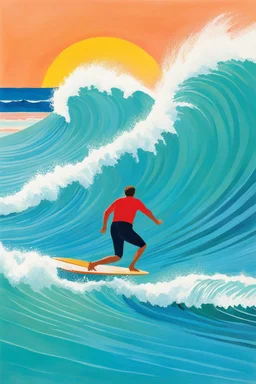 [surf illustration by David Hockney] À l’aube, je me lève, Vers La Piste, la planche sous le bras, Sur la vague, je me lève aussi, Une, deux, trois fois, je vole.