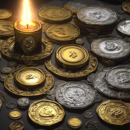 dynamic lighting, Intricately detailed, Splash screen art, deep color, Unreal Engine, volumetric lighting, silver coins, gold coins, silver bars, stacked coins, indoors, candle, altar, black table, sigil, shiny, metallic, bullion,