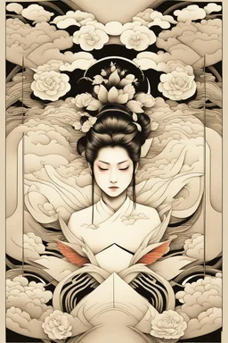Create a captivating modern 2d Japanese tattoo design for print , using the elegant influences of japan art style, for print, dynamic elements from fashion and design, and bold Japanese art aesthetics, framing centered in the center, distanced from the edges of the paper perimeter, perfect anatomy, bauhaus, Divine Proportion,
