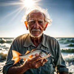 A picture of an elderly man who catches fish in the ocean, with sunlight showing the roughness of his skin.