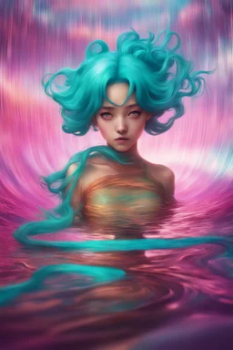 A stunning Anime girl suspended in a kaleidoscope of colors, captured in a photorealistic, cinematic photograph, as if plucked from a dream sequence. Her vibrant turquoise hair flows like a river, contrasting with the muted, earthy tones of her skin, set against a gradient of iridescent pinks and purples, evoking a sense of ethereal mysticism. Soft, cinematic film grain textures the image, infusing it with a sense of nostalgic warmth, as if lit by the flickering lights of a vintage cinema.