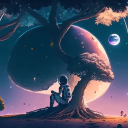 A lonely astronaut sits under the shade of an old tree on the edge of a planet. He looks at a beautiful galaxy. And he is thinking while waiting for his love. The sky is full of space balloons.4k, high resolution. full detail. digital art, anime.