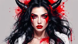 SUPER PRETTY WOMAN, RED EYES, RED MAKE-UP SCRASHED, INTENSE LOOK, DIRTY, BLACK LONG HAIRED, RED LIPS, SMALL HORNS, beautiful artwork, vibrant colors, 4k, high quality, high detailed, whiteness background.