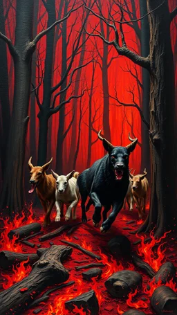 Bosch painting style, nightmare in hell all red and black wood on fire animals are running in 3D.