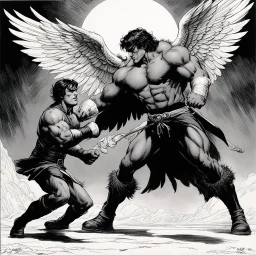 [comic book art by Sam Keith and Bernie Wrightson] Jacob wrestling with angel