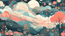 a background with abstract shapes and plants, seasons!! : 🍓 and 🍄, featured on artstattion, background full of stormy clouds, by Olivia Peguero, infographic and marginalia, ultradetailed mural, interconnections, trending on artstation, feminine in pastel shades, background design