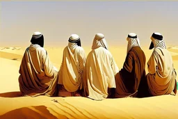 Four Arab sheikhs sitting in the desert wearing typical Arab dress, looking towards the four cardinal points. A talll fat european man in business suit wathhing them while thinking.