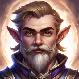 Generate a dungeons and dragons character portrait of the face of a male cleric of twilight handsome rock gnome blessed by the goddess Selune. He hasvery light brown hair, eyebrows, moustache and goatee. He's 19 years old.