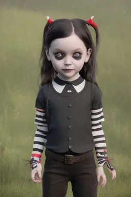 Wednesday Addams toddler, full body, jump, bokeh, hyper realistic