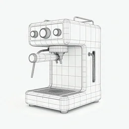 An 3D wireframe model of an espresso machine with a minimalist design inspired by 80's computer. The model has a clean and clear wireframe look, with visible edges and vertices. The espresso machine is depicted in a monochromatic color scheme, with a black wireframe and a white background.