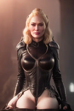 Cersei Lannister as evil dominatrix in black leather, busty, cleavage, curvy, lena headay, angry, stern look. character design by cory loftis, fenghua zhong, ryohei hase, ismail inceoglu and ruan jia. unreal engine 5, artistic lighting, highly detailed, photorealistic, fantasy