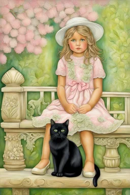 Mixed Media Dry Brush shimmering tones, 3D, highly textured, little girl with pretty green eyes, sitting on an ornate bench with her black cat in the park, flowers, shades of Sage green, white, and pink, beautifully embossed