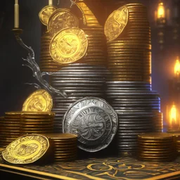 dynamic lighting, Intricately detailed, Splash screen art, deep color, Unreal Engine, volumetric lighting, silver coins, gold coins, silver treasure, stacked coins, indoors, altar, black table, sigil, shiny,