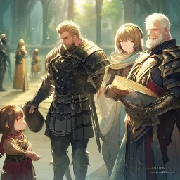 Boy wearing leather armor with family