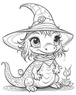 coloring pages for kids, semi-cartoon motif of a little dragon character, witch hat, white background, anime, illustration, dark fantasy, painting, cartoon style, thick lines, low detail, black and white, no shading, --ar 85:110
