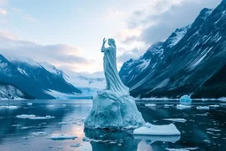 in a frozen sea with pretty mountains a full lady statue of transparrent ice