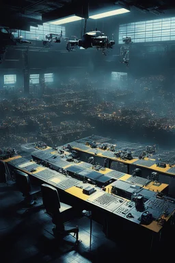 [Blade Runner (1982) style, view from above] a robot teacher in a classroom with a lot of different student robots. The main robot distribute work amongst smaller robots and computers in the factory. there is electricity in the air, the main robot coordinates other robots