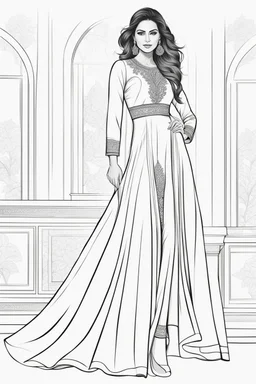 Coloring page for adults of a elegant fashion model woman wearing hindi dress, dynamic poses, full body portrait, thick and clean lines, clean details, no-color, no-turban, no-background, non color, non shading, no-grayscale, dynamic poses, full body portrait, thick and clean lines, clean details, no-color, no-turban, , non background, non color, non shading, no-grayscale, no color hair