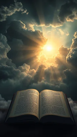 Sun light above swirling clouds, emerges from the heart of a raging storm. Turbulent winds of steam swirl around lit by shafts of sunlight that cast dramatic shadows on the A beautiful open book with Hebrew words in the middle , High quality 16k cinematic scene and great photography