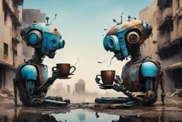 two crazy rusty scrappy robots drinking coffee in urban decay, negative space, wet print, ink leak, overheat, dramatic, cinematic, sudden jolt dynamics, amazing reflections and parallels and verticals, Afro-futurism, surreal futurist architecture art, surreal liminal space, tribal vibe and patterns, colors of light sky blue and beige and black