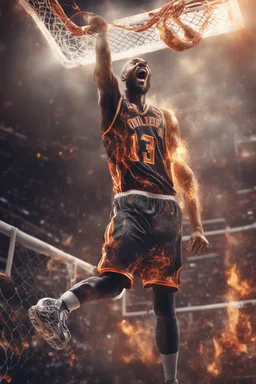 8k, highly realistic and detailed image of a NBA basketball player in action dunking the ball in the net, sweaty hair, screaming look,action and smoke and flames background