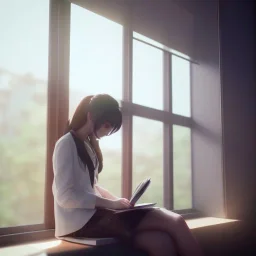 female student studying by the window, anime style, unreal engine 5, cinema4d, sun light, studio lighting --ar 1:1 --v 4