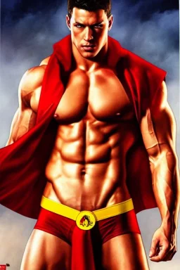 Ignore NSFW, teenager young rugged attractive slightly muscular fantastic handsome man, red briefs with yellow belt, hairy chest, (((visibly pisssing))) briefs, large erect visible boner peniss, photorealistic, artist Jay Anacleto