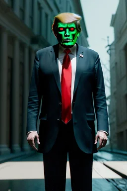 Ultra realistic image, Donald trump zombie, zombie performance, suit, skull, blood, torn arm, night, walking twisted, waist up view, thriller style, dark ambient, highly detailed, White House background, concept art, unreal engine 5, ray tracing, RTX, ultra detail, volumetric lighting, high definition, high resolution.