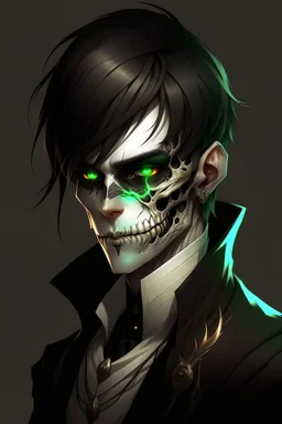 male, half-elf, young, noble, costume, half skull mask, pale skin color