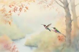 closeup, a colorful hummingbird family perched in the canopy, the siblings eating (opened mouth, the mother feeding them), twilight, looking down on the river through the canopy of a tree, on a misty twilight. over a misty pond in the hieght of fall. Watercolour by Alison Brady. Pastel colours S<AI in sunshine, ethereal, otherwordly, cinematic postprocessing