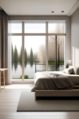 minimalist cozy bedroom with a big dresser room and view to the garden and river