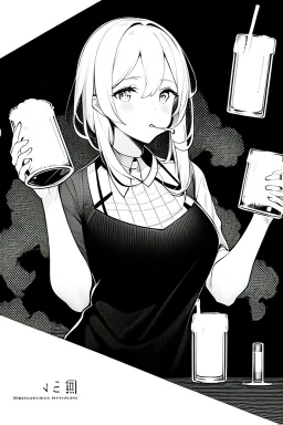 girl drinking a beer, line arts, greyscale