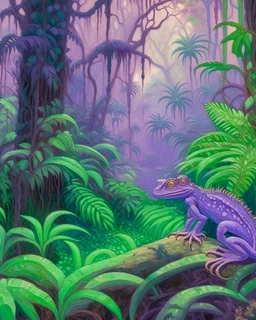 A light purple rainforest with atomic chameleons painted by Claude Monet