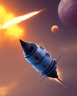 A strange object riding on top of a speeding rocket flying in space