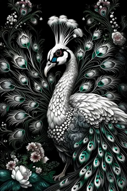 White peacock portrait, textured feathers ornate black pearls, center ed position of Blooming feathers, tribal ornate background, organic bio feathered ribbed of transculent extremely detailed maximálist colour hyperrealistic concept art