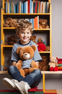 a young boy sitting on a shelf holding a teddy bear,7 years old, shirt