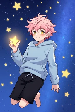 A young, androgynous young man with tousled pink hair and golden eyes floating among the stars wearing a light blue hoodie and black board shorts. He is smiling softly and holding a star in one hand.