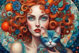 A surreal portrait of a woman with large, expressive blue eyes and red lips, with her hair adorned with swirling patterns in a kaleidoscope of bright colors including oranges, blues, and greens, resembling candy-like curls and abstract floral elements. She is gently holding a small siamese cat with glossy tawny fur. The background is a continuation of the swirling, dreamlike patterns that complement the colors found in the woman's hair, creating an overall fantastical and harmonious composition