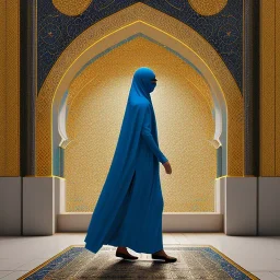 woman in flowing, white burka walking in front of a mosque with blue, green, gold mosaic walls, profile, panoramic, high-quality, fine-detail, intricate, ornate, volumetric lighting, 8k resolution, haunting, powerful, photo-realistic, 3d render, photo-quality, National Geographic photograph, Life magazine photograph