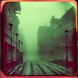 Dark street creepy fog colours strong texture artistic polaroid volumetric light tree nightmare Yves Tanguy