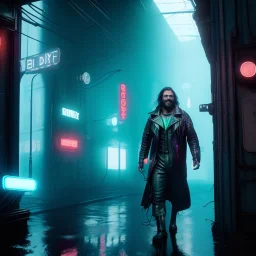 Actor, jason momoa, blade runner style, rain, fog, neon ambient, gradient color, clean skin, circuits, latex coat, cyber punk, neon, tubes, portrait, photo studio, unreal engine 5, smooth color, 16 bit, god lights, ray tracing, RTX, lumen lighting, ultra deatail, volumetric lighting, 3d, finely drawn, hd.