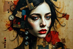 Abstract art, hand assembled female portrait from found objects collage, random textile textures, mixed media, Wassily Kandinsky, Jerry Uelsmann, double color exposure, surreal, otherworldly, dark, atmospheric, decayed