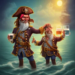 Die digitale Illustration zeigt einen Piraten mit kurzen, schwarzen, lockigen Haaren und einem runden Gesicht. Er trägt Piratenkleidung und hält einen Becher Bier in der Hand. Der Hintergrund der Illustration ist das Meer, auf dem ein Piratenschiff segelt. Verschiedene Zitrusfrüchte liegen verstreut herum und die Farben sind gedämpft. Die Illustration zeichnet sich durch detaillierte Fantasy-Kunsttechniken und eine auffällige Komposition aus. Der Pirat hat einen dynamischen Posing-Stil und 